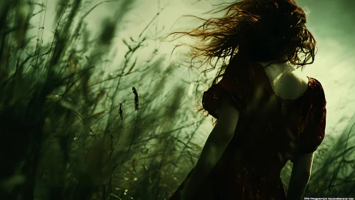 Woman in red dress moves through stormlit tall grass field