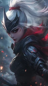 Fierce silver haired warrior in storm lit battle armor.