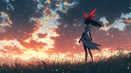 Sunset sky welcomes a lone girl standing in glowing grass