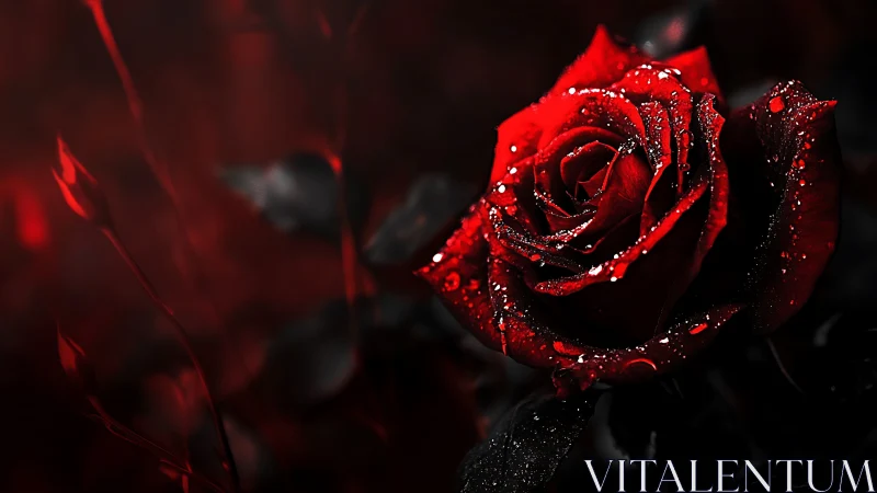 Macro red rose with dewdrops in dramatic low-key lighting.
