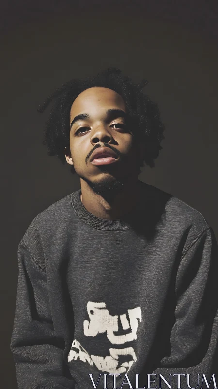 Low-key portrait lighting with centered frontal composition.