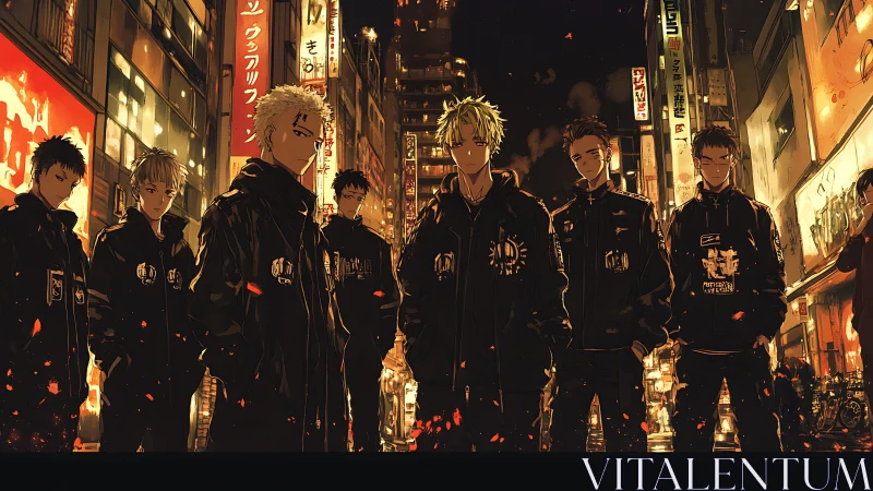 Neon lit anime street gang in urban alleyway at night
