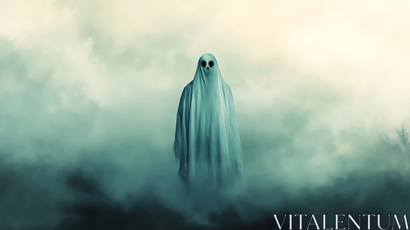 Softly bewildered ghost drifts through teal-tinted twilight fog