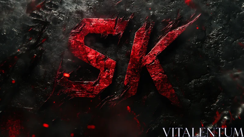Fiery red SK logo carved into dark molten stone surface.
