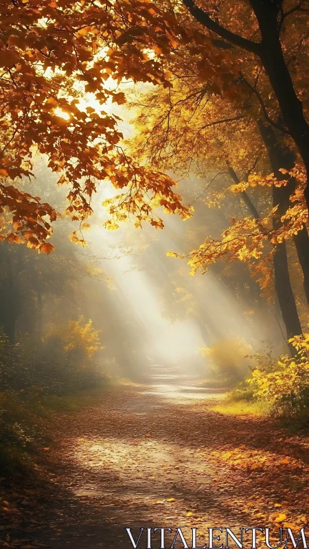 Sunlit forest path with golden autumn foliage and mist.