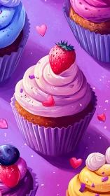 Luminous Gradient Cupcake With Strawberry Topped By Vivid Hearts