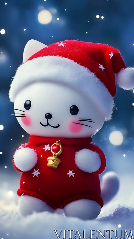 Soft-lit 3D chibi cat in red Christmas outfit amid falling snow