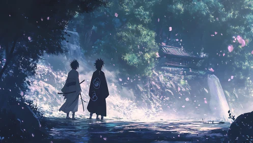 Two cloaked figures by waterfall under cherry blossoms.