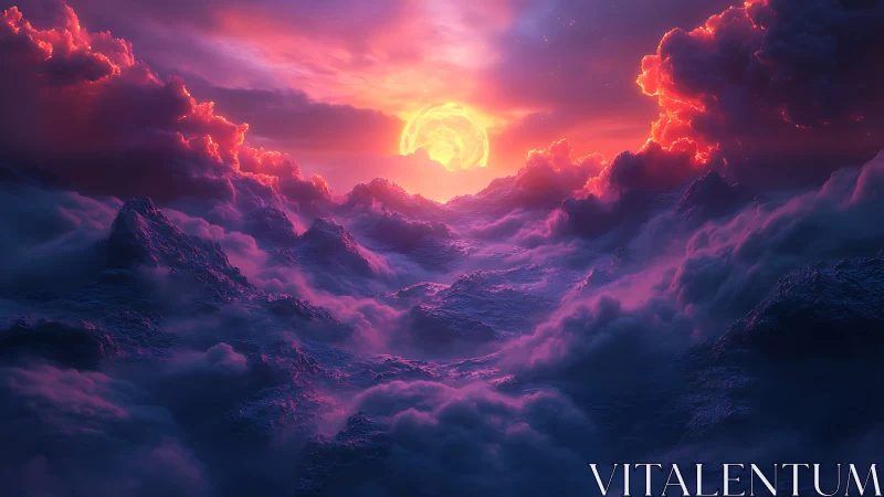 Sun-like sphere over cloud mountains in vivid light