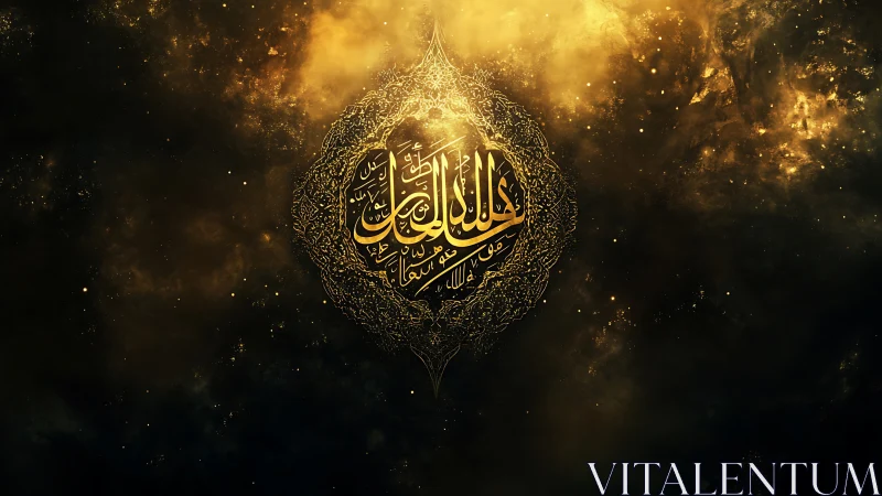 Intricate golden Arabic calligraphy medallion on nebula field