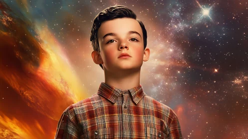 Portrait of boy in plaid shirt against cosmic nebula field.
