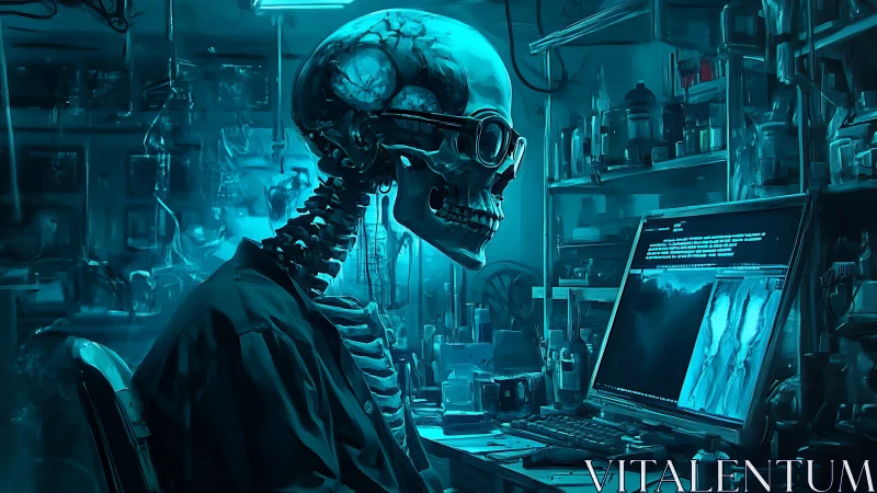 Cyberpunk skeleton scientist at glowing lab workstation.