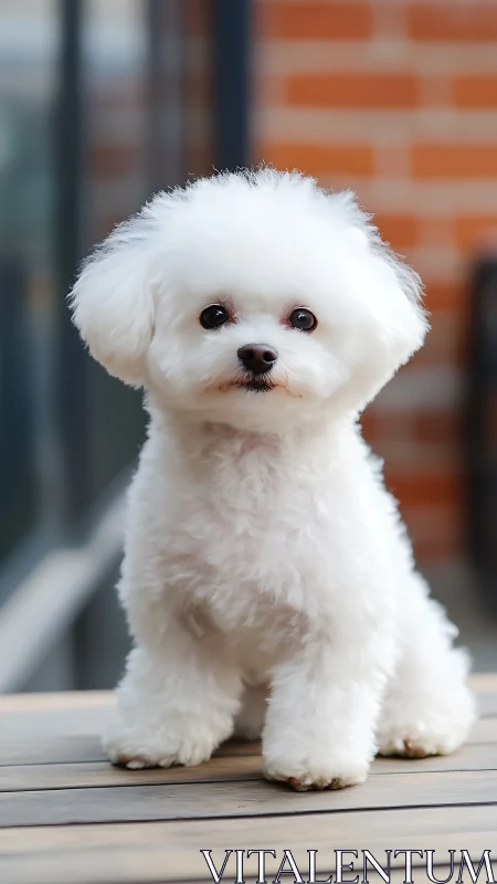Fluffy white toy dog poses calmly on wooden deck.