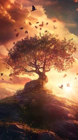 Solitary tree on rocky hill with butterflies at sunset.