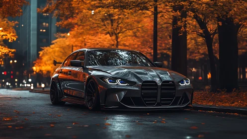 Modified sports sedan is parked on wet city street at dusk