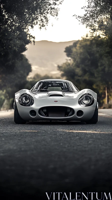 Silver classic sports car parked on empty tree lined road.