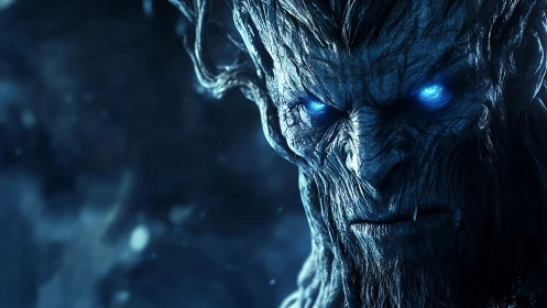 Mythic frost entity portrait with glowing cyan gaze.