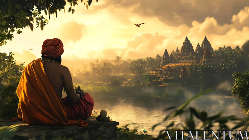 Sunset silence crowns the river temple in golden whispers