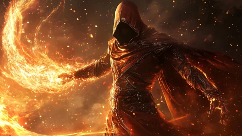 Hooded fire mage commands swirling inferno in ember storm.