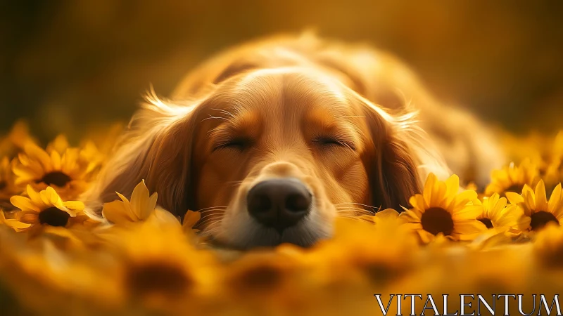 Golden dog peacefully napping amid glowing yellow daisies