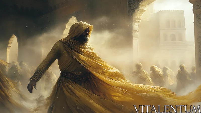 Hooded robed figure in sand-filled architectural corridor.