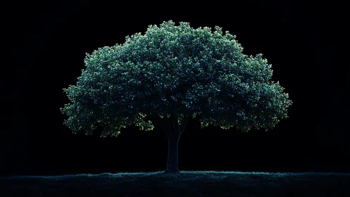 Isolated deciduous tree under directional rim lighting on dark ground