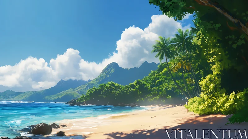 Tropical Paradise Beach with Verdant Mountains and Turquoise Waters