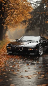 Classic black coupe on wet autumn forest road.