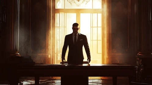 Backlit executive silhouette dominates opulent boardroom interior