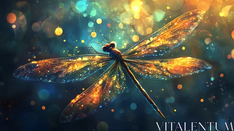 Glowing dragonfly drifting through dreamy evening light.