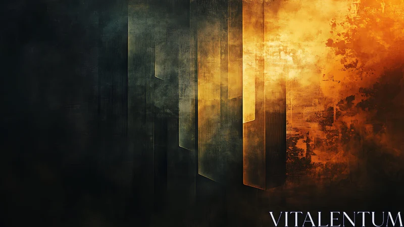 Abstract geometric pillars with dark and fiery orange textures.