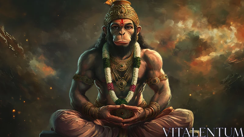 Divine monkey warrior sits in molten stormlit silence.