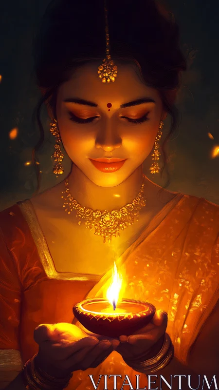 Luminous diya guardian in saffron silence and golden calm.