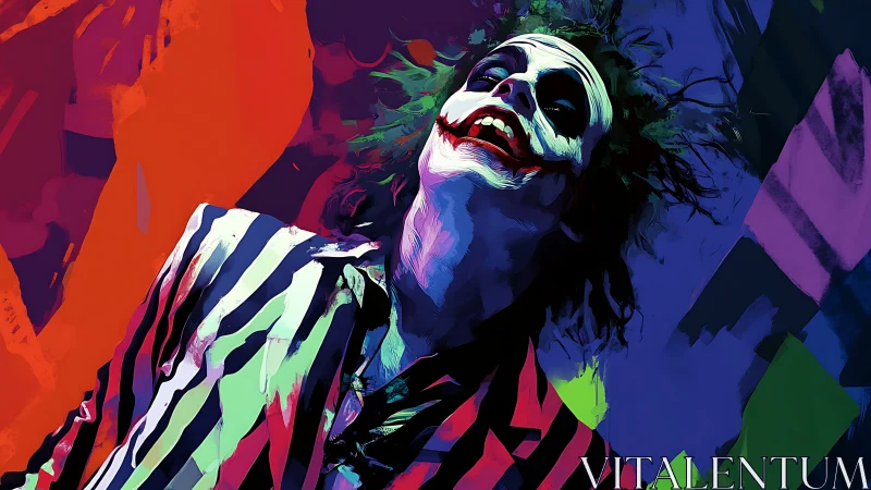Chaotic painted clown portrait in bold neon colors.