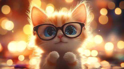 Spectacled Feline Scholar Radiates Whimsy Among Warm Bokeh Lights.