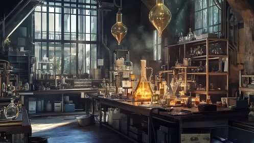Sunlit vintage laboratory glows around central alembic flame