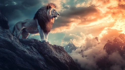 Lion standing on rocky cliff at dramatic mountain sunset.