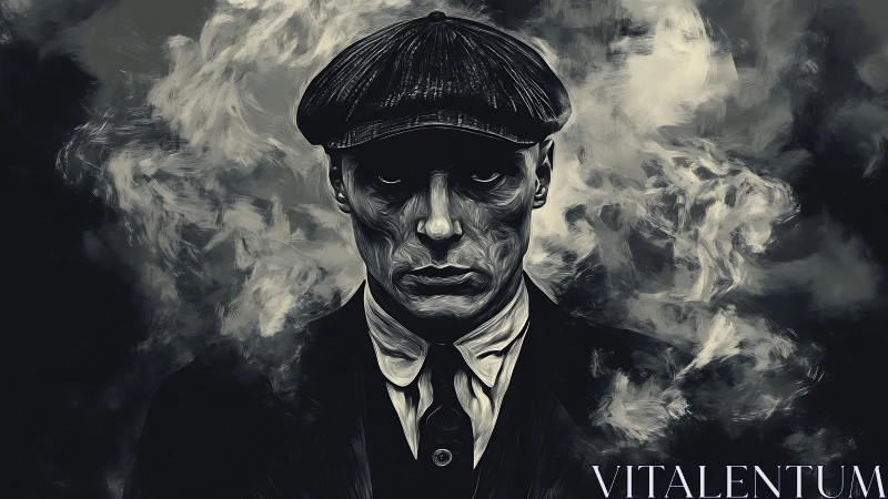 Smoke-crowned gangster glares through noir-streaked shadows.