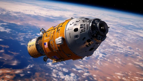 Orbital spacecraft module above Earth in clear daylight.