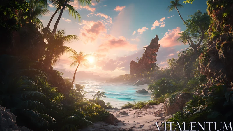 Tropical Paradise Lagoon at Sunset with Dramatic Rock Formation