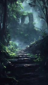 Mystical Forest Ruins with Ancient Stone Structure.