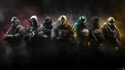 United tactical squad standing strong in glowing smoke.