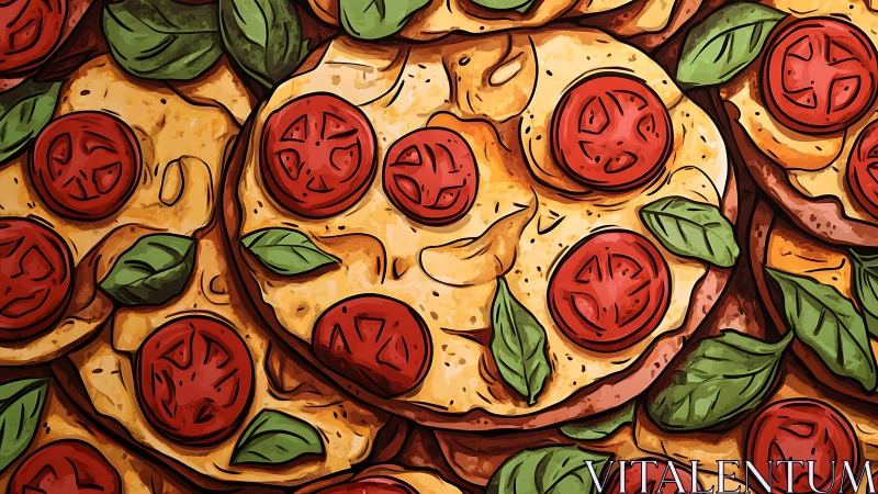Digital painting of layered margherita pizza pattern composition.