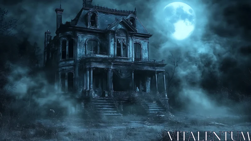 Victorian mansion in dense night fog under full moon.