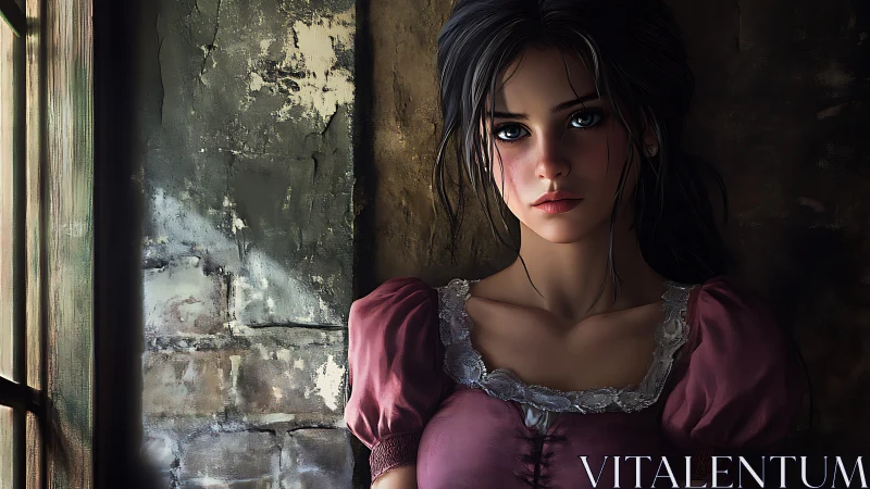 Digital portrait of woman standing by worn interior wall