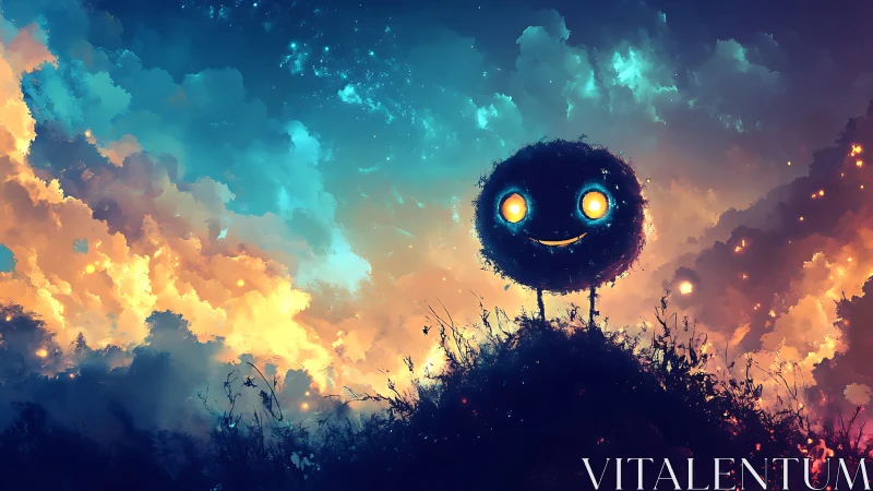 Whimsical glowing orb creature against luminous nebula sky.