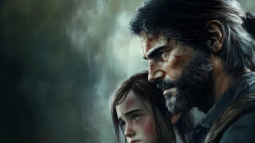 Grim close-up portrait renders weathered guardian and child