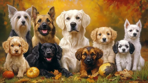 Adorable dogs gather in warm autumn leaves and pumpkins.