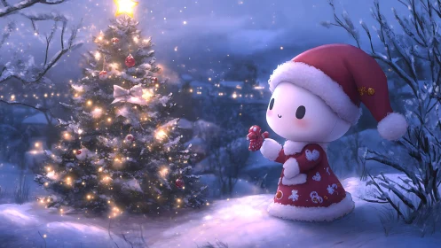 Snowy night scene with lit tree and cartoon figure.