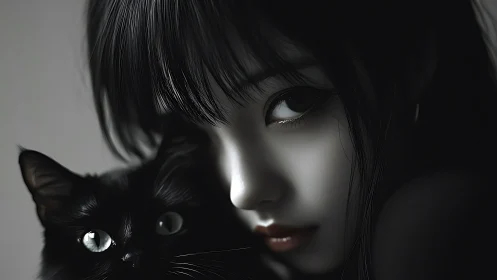 Dark-haired girl and black cat share an intense gaze.